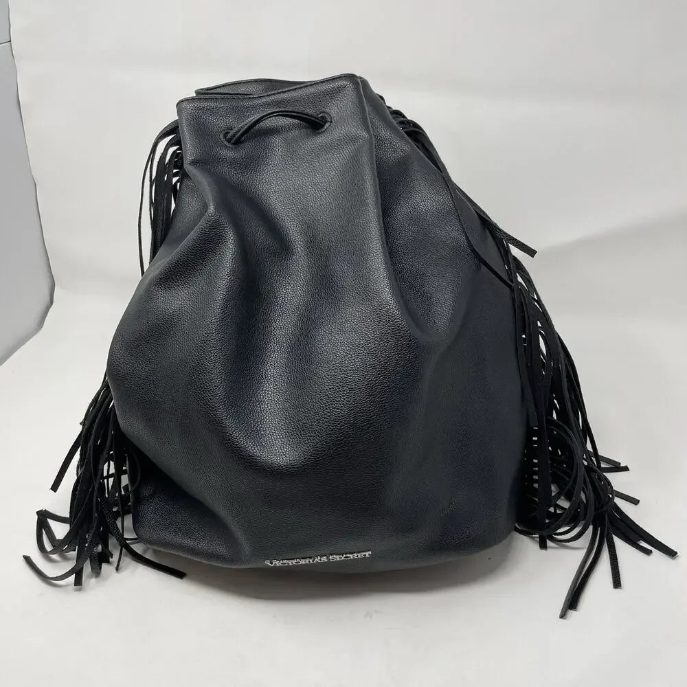 Victorias Secret VS Black Faux Leather Fringe Backpack Bag Boho Drawstring